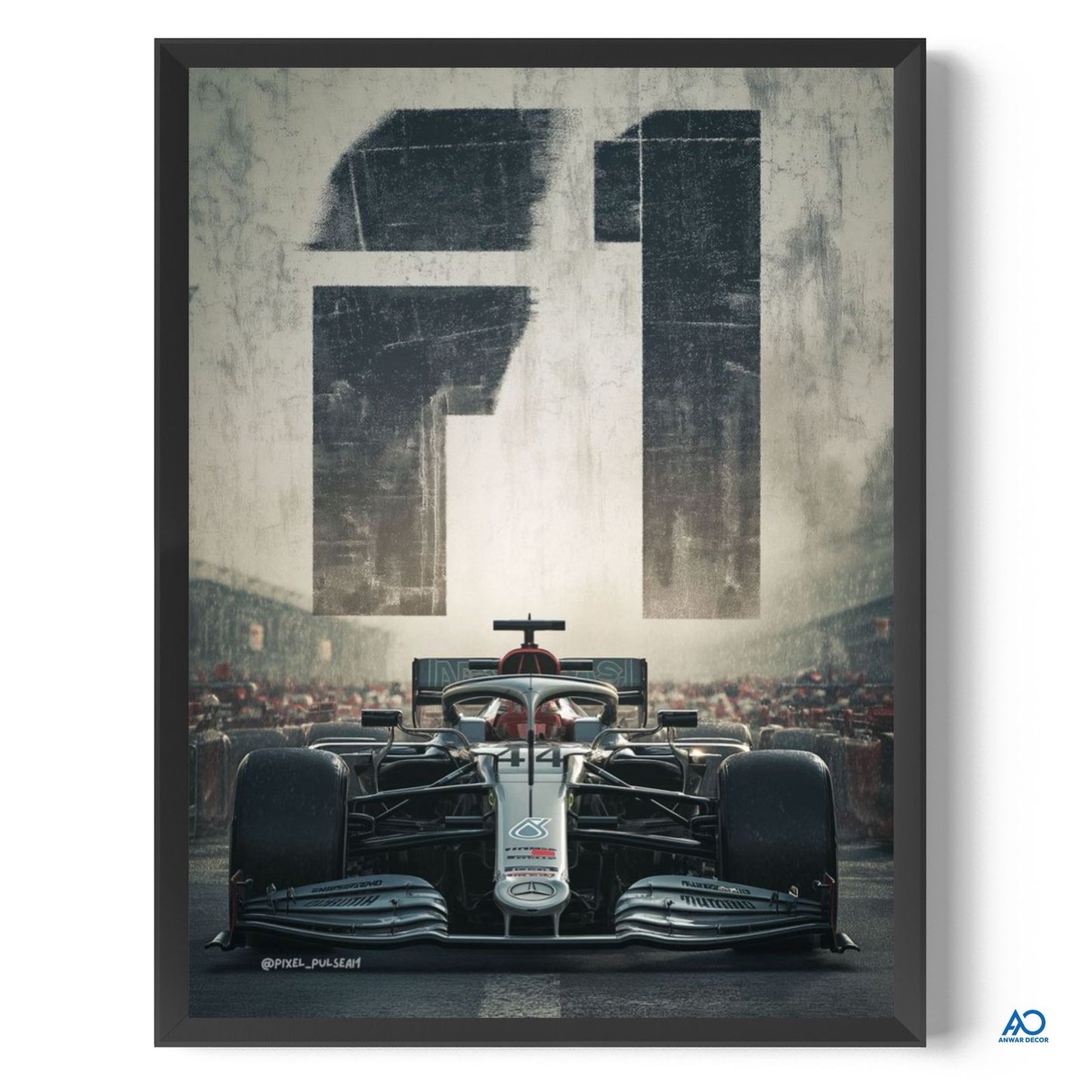 Framed poster of a Formula 1 car with large number '61' on a textured background