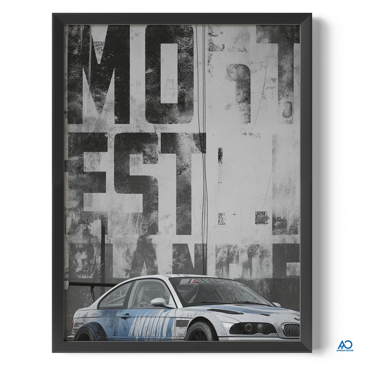 Framed artwork with a car and abstract text design on a white background