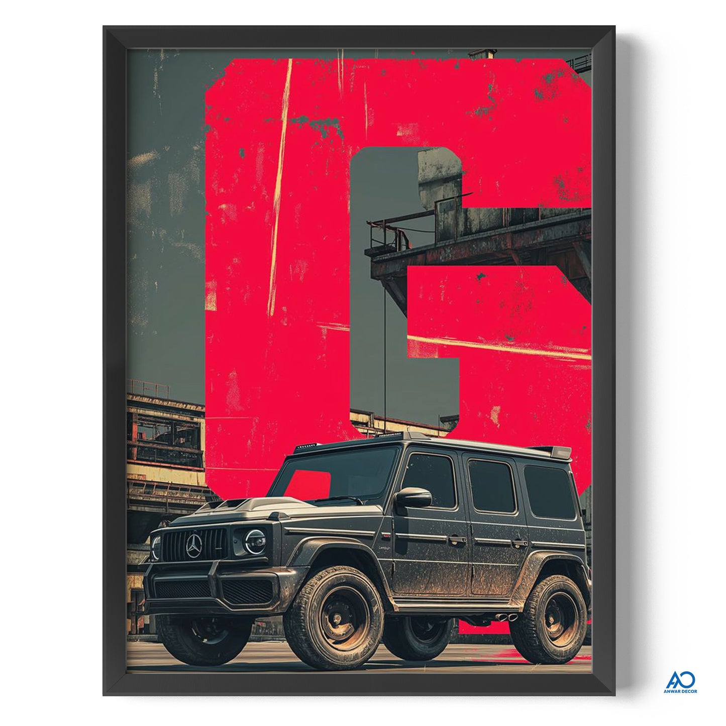 Framed poster of a black SUV in front of a red 'G' graphic.