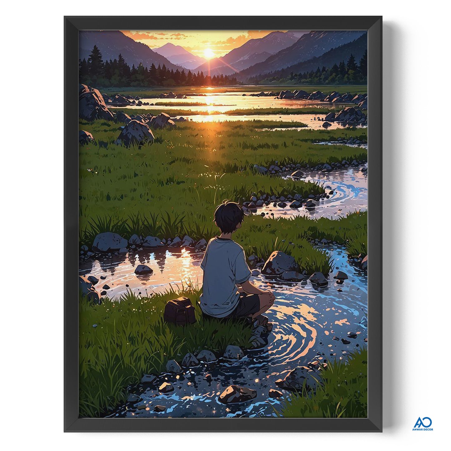 Framed artwork of a person sitting by a stream with mountains and sunset in the background.