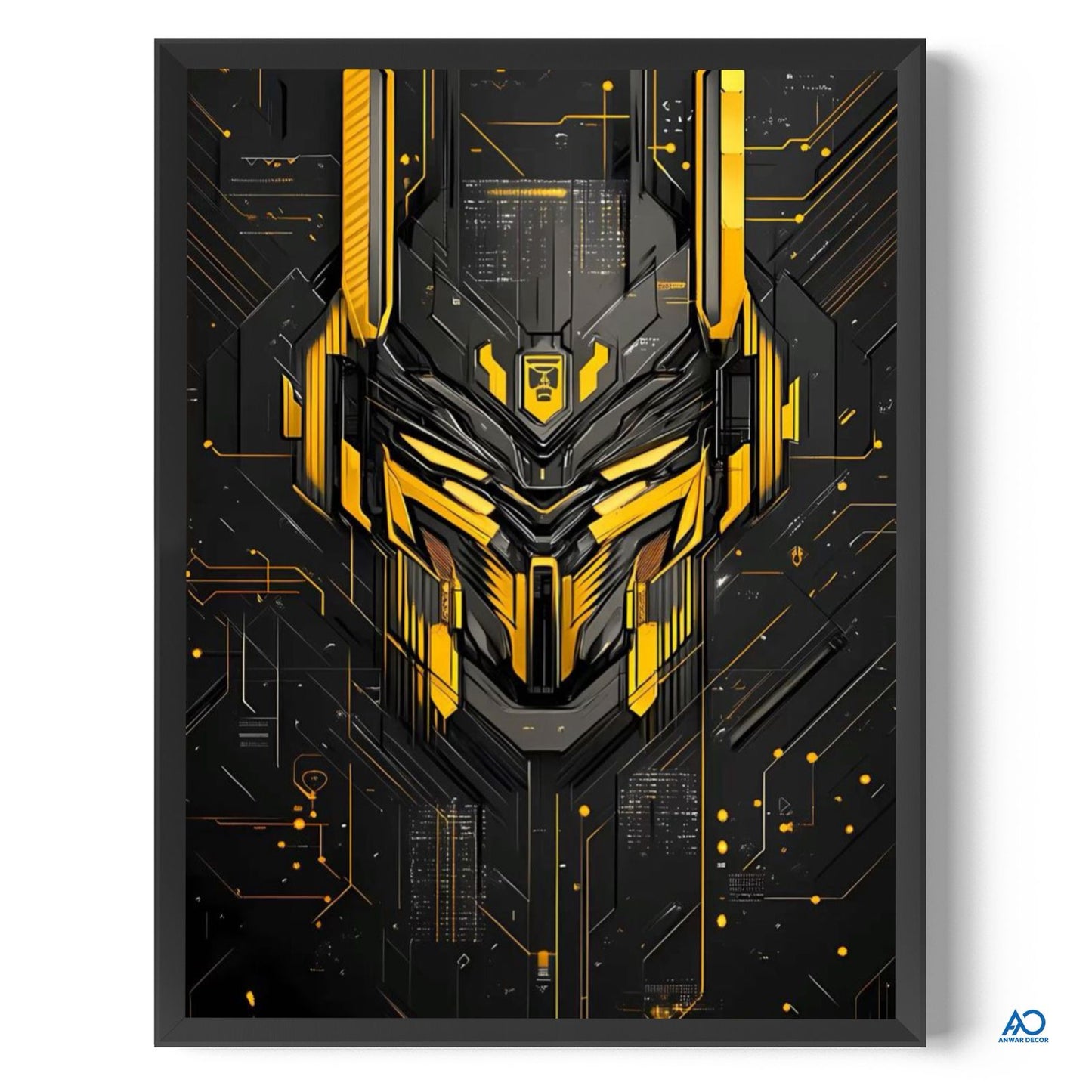 Framed artwork of a futuristic helmet design with black and yellow colors on a dark background.