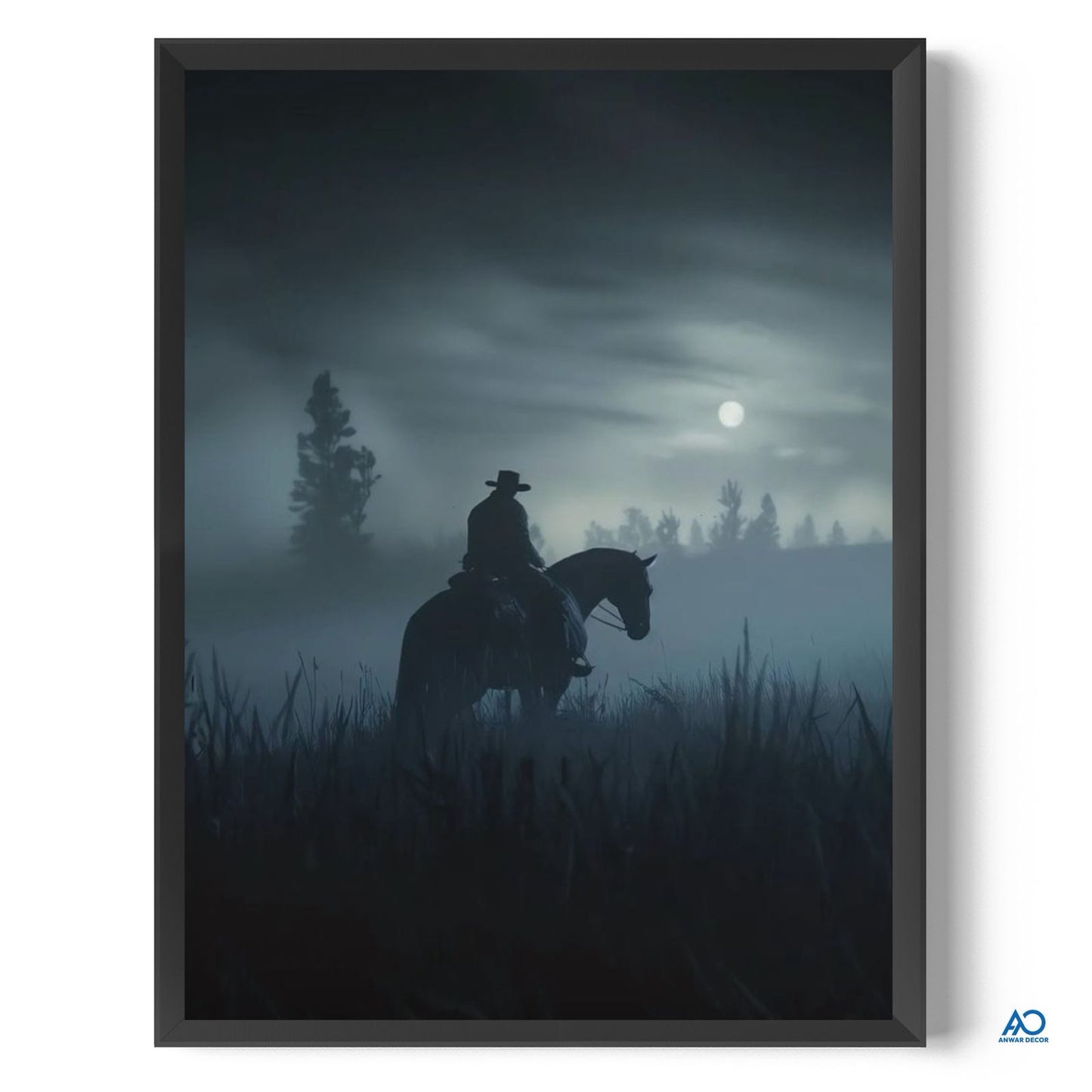 Framed artwork of a silhouette of a person on horseback against a moonlit sky with trees in the background.