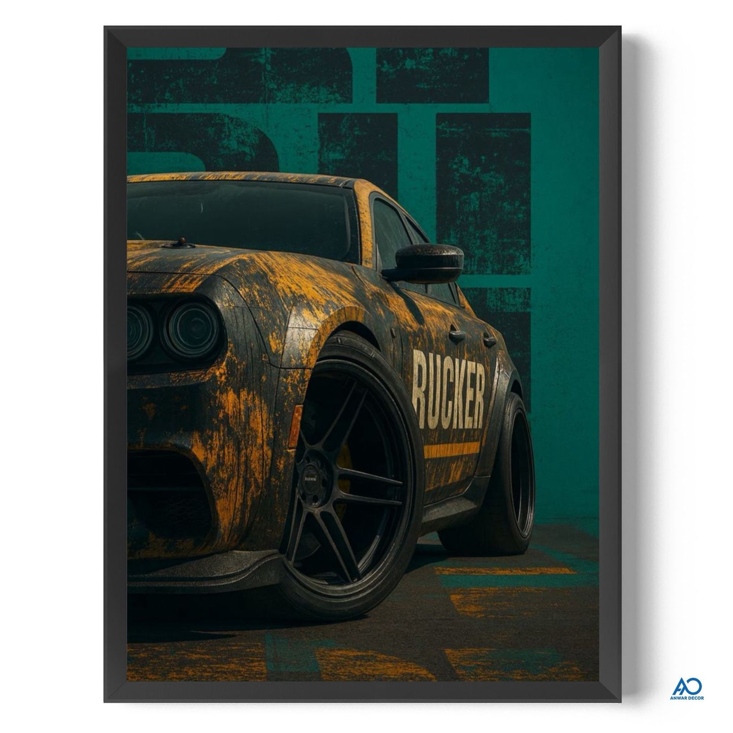 Framed poster of a rusted car with 'Rucker' branding on a teal background