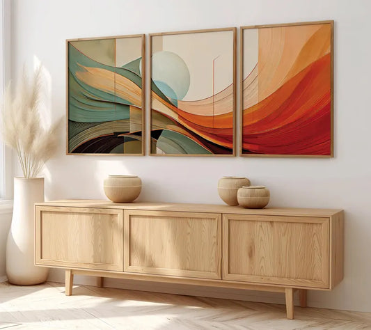 Abstract multicolor triptych wall frame featuring flowing curves in green, beige, and red for modern home decor. | Abstract Wall Art | Wall Frames for homes