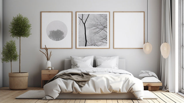A sleek black and white minimalist wall art set, featuring artistic line drawings of trees, leaves, and abstract nature elements, framed and hung in a modern bedroom or office space.