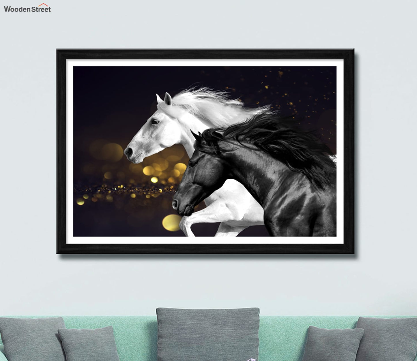 Black and white horse-themed wall frame with a golden bokeh background.