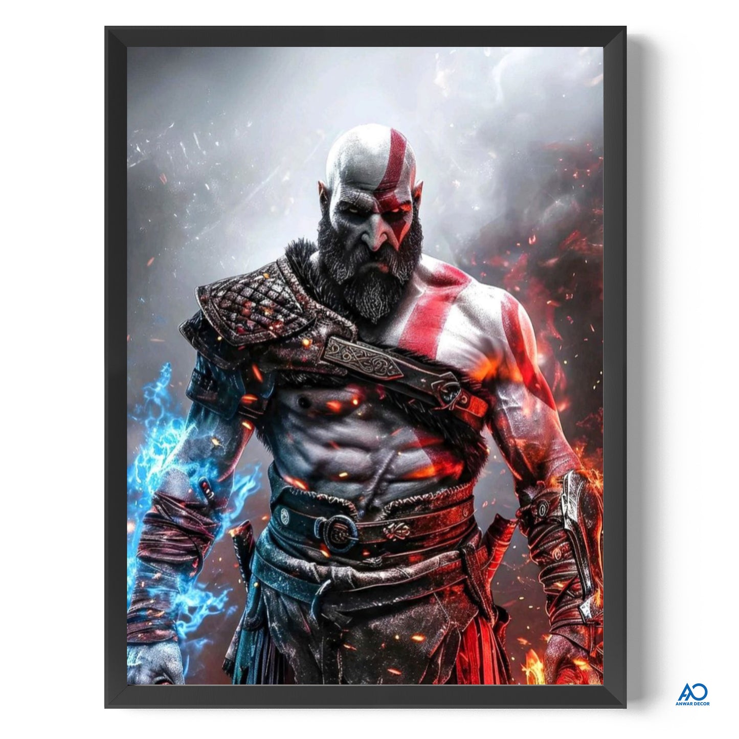 Framed poster of a warrior character with a fiery background