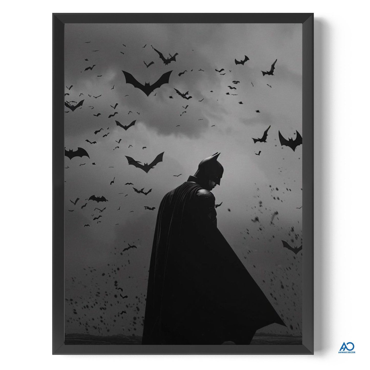 Framed artwork of a silhouette of a superhero with bats flying around, in black and white.