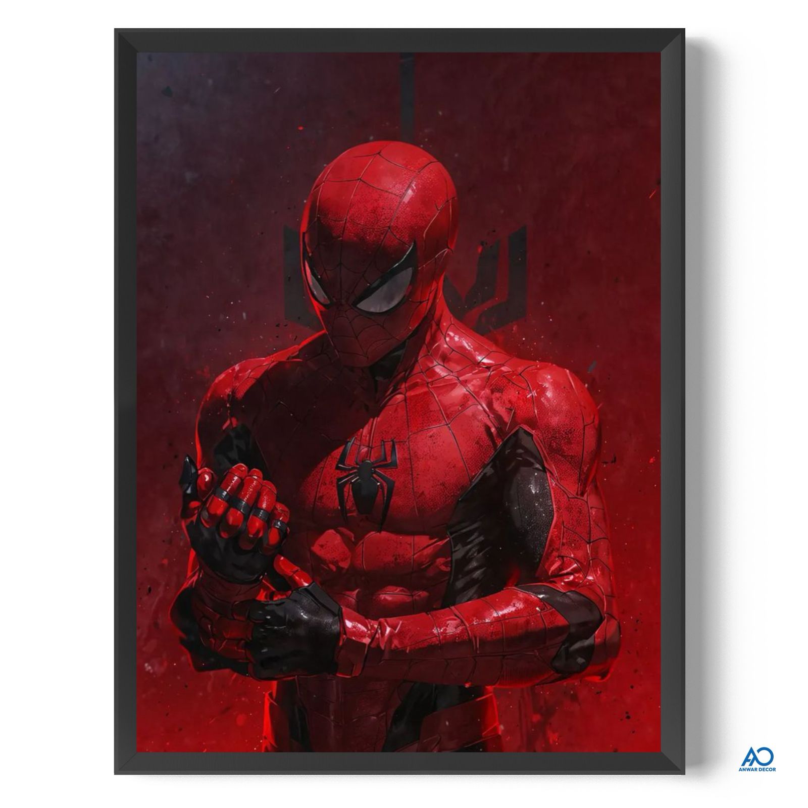 Framed artwork of a superhero in a red suit with a dark background