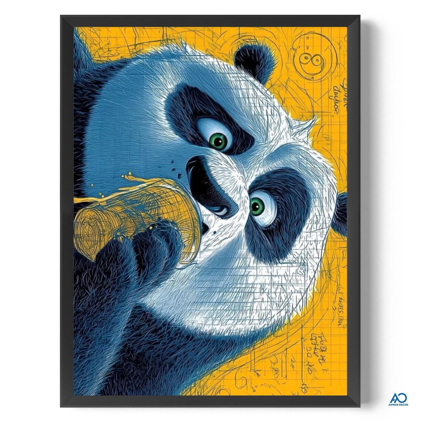 Framed artwork of a panda holding a bamboo stick against a yellow background