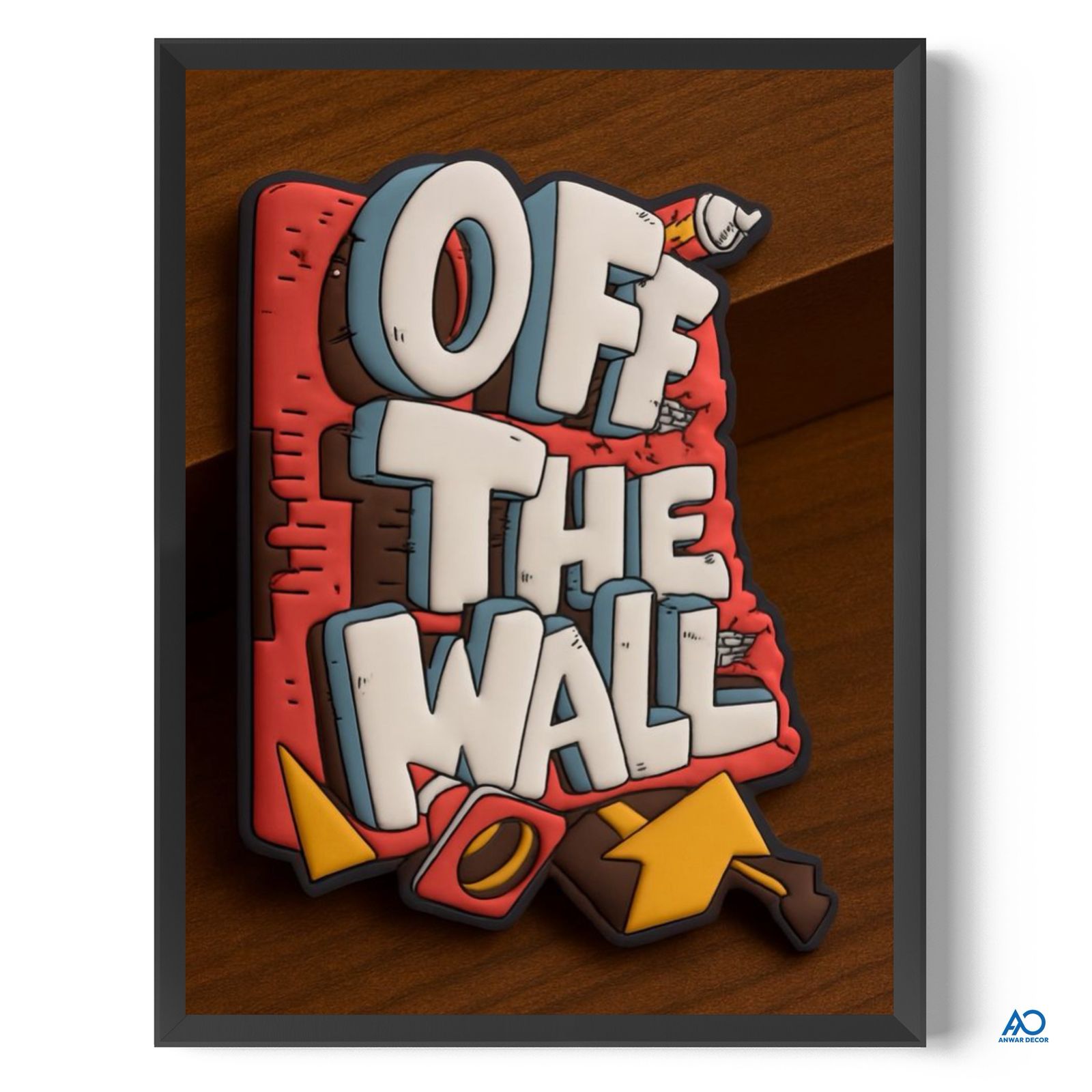 Framed artwork with 'Off The Wall' text on a wooden surface
