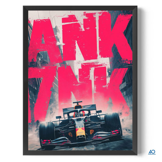 Framed poster with a Formula 1 car and large pink text on a cityscape background