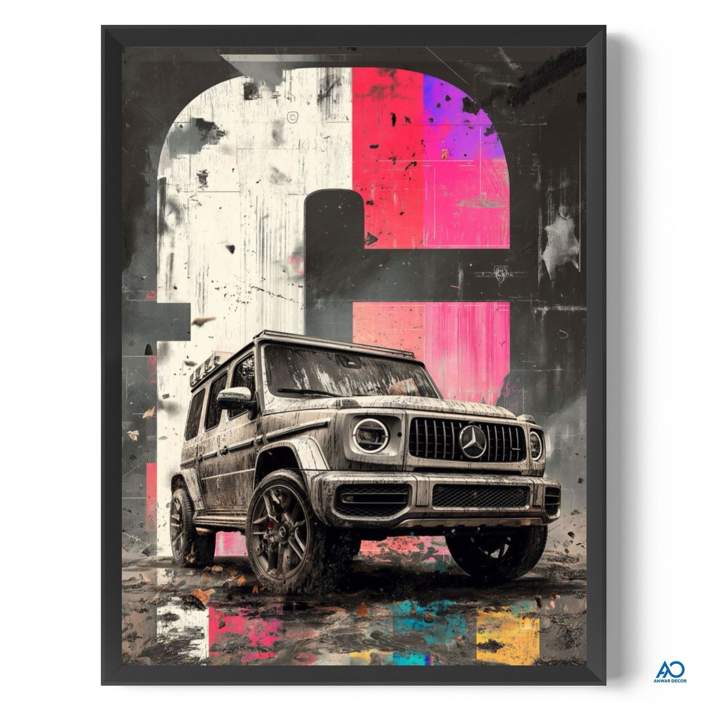 Framed artwork of a Mercedes-Benz G-Class SUV in an urban setting with colorful abstract background.