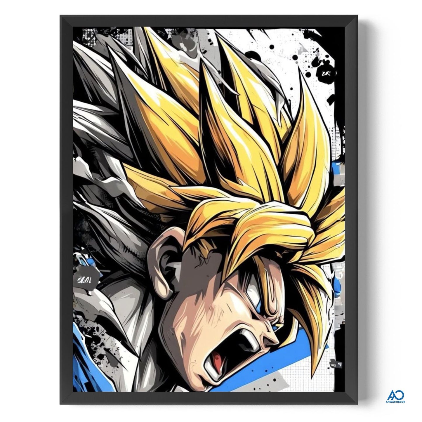 Framed artwork of a character with spiky hair and intense expression on a white background