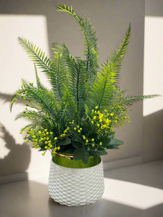 Artificial Fern & Yellow Accents Arrangement in White Pot