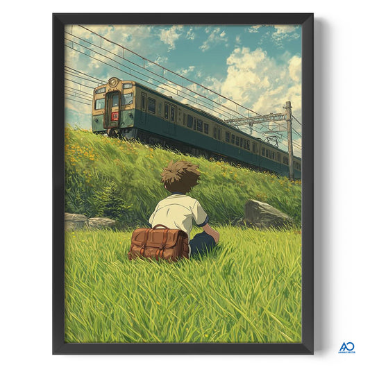 Framed artwork of a boy sitting on grass watching a train pass by.