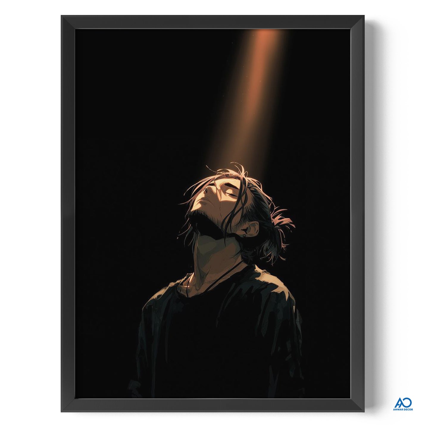 Framed artwork of a person with a hood against a dark background with a spotlight effect.