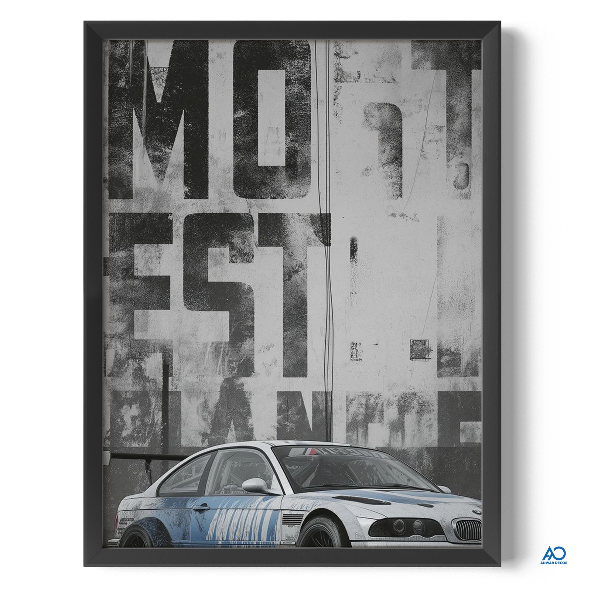 Framed artwork with a car and abstract text design on a white background