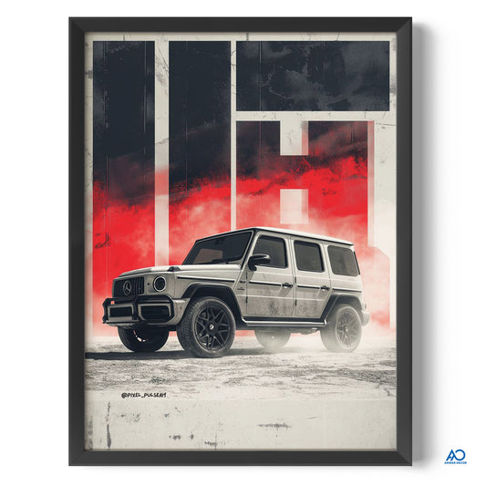 Framed artwork of a Mercedes-Benz G-Class SUV with a red and black abstract background.