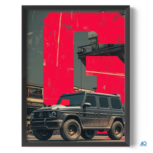 Framed poster of a black SUV in front of a red 'G' graphic.