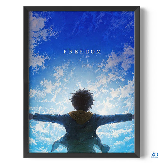 Framed artwork of a silhouette against a blue sky with 'Freedom' text