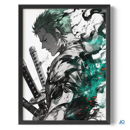 Framed artwork of a character with a sword, featuring green and black colors.