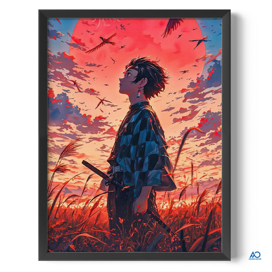 Framed artwork of a character standing in a field with a dramatic sunset sky.