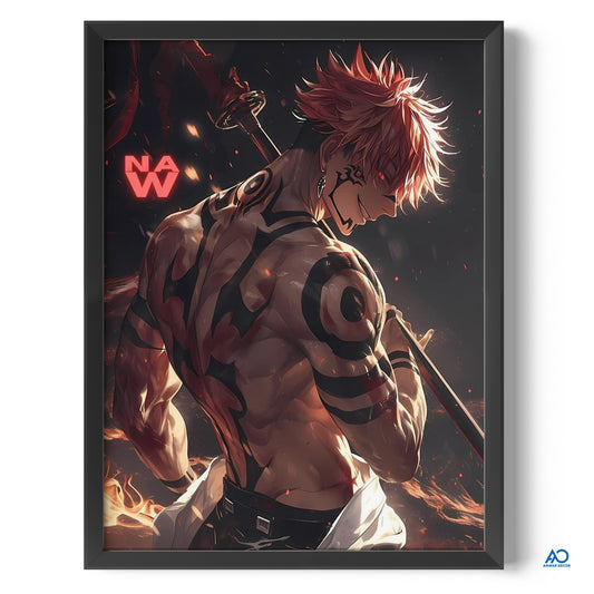 Framed artwork of a muscular character with red hair and tribal tattoos, holding a sword.