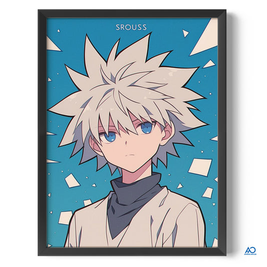 Framed artwork of an anime character with spiky hair against a blue background