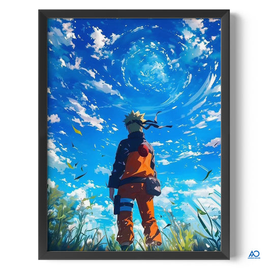 Framed artwork of an anime character standing in a field with a blue sky and swirling vortex in the background.