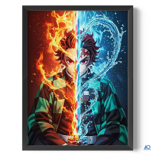 Framed artwork of an anime character split between fire and water elements.
