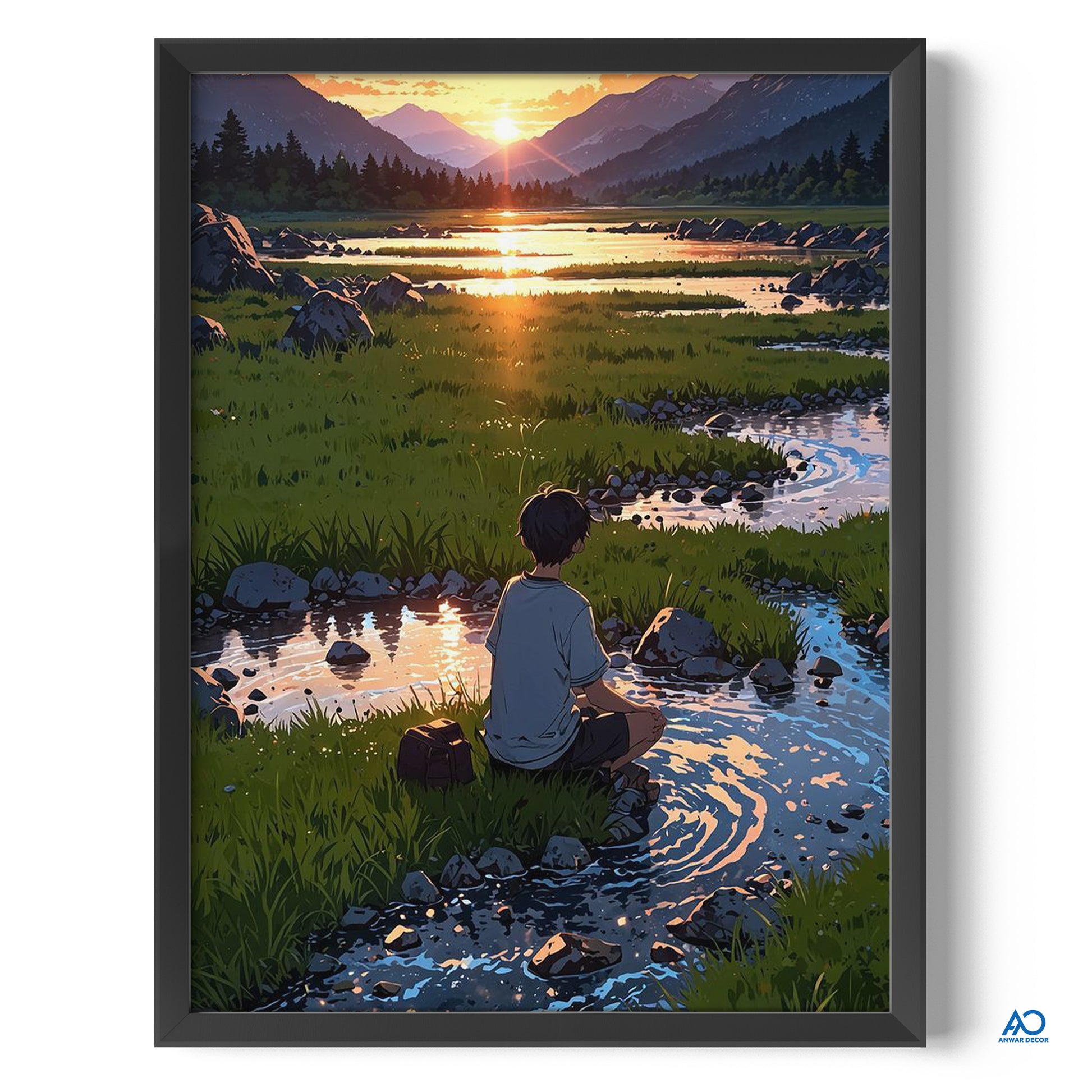 Framed artwork of a person sitting by a stream with mountains and sunset in the background.