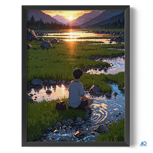 Framed artwork of a person sitting by a stream with mountains and sunset in the background.