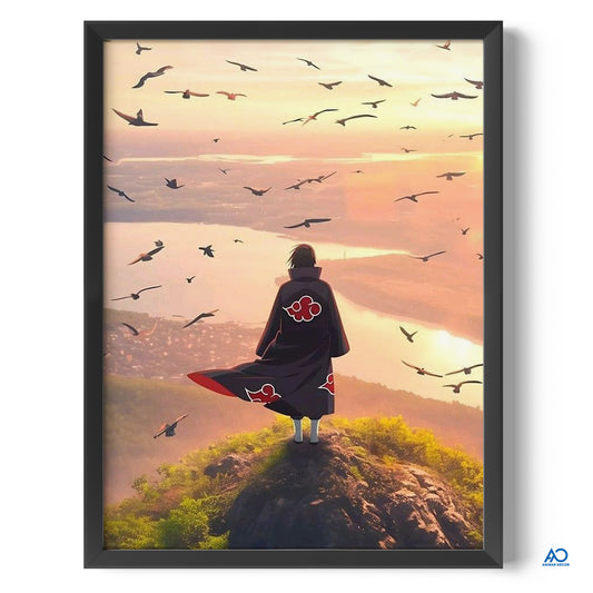 Framed artwork of a person in a cloak with a cloud symbol, standing on a hill with birds flying in the sky.