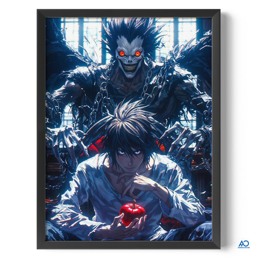 Framed artwork of a dark-themed character with red eyes and chains, holding an apple.