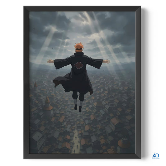 Framed artwork of a character in a dark outfit with a red symbol, flying over a cityscape.