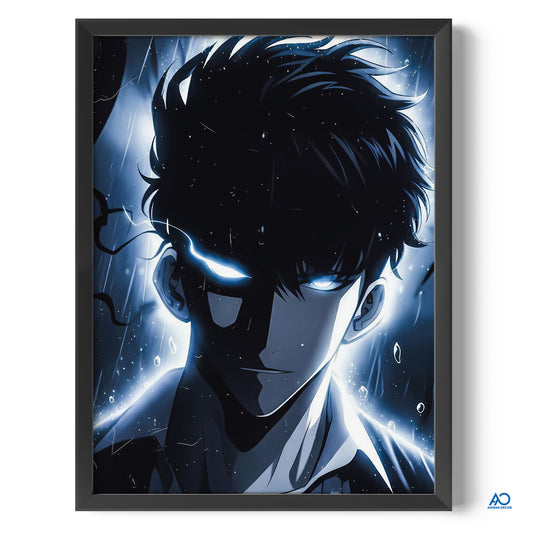 Framed artwork of an anime-style character with glowing eyes on a white background