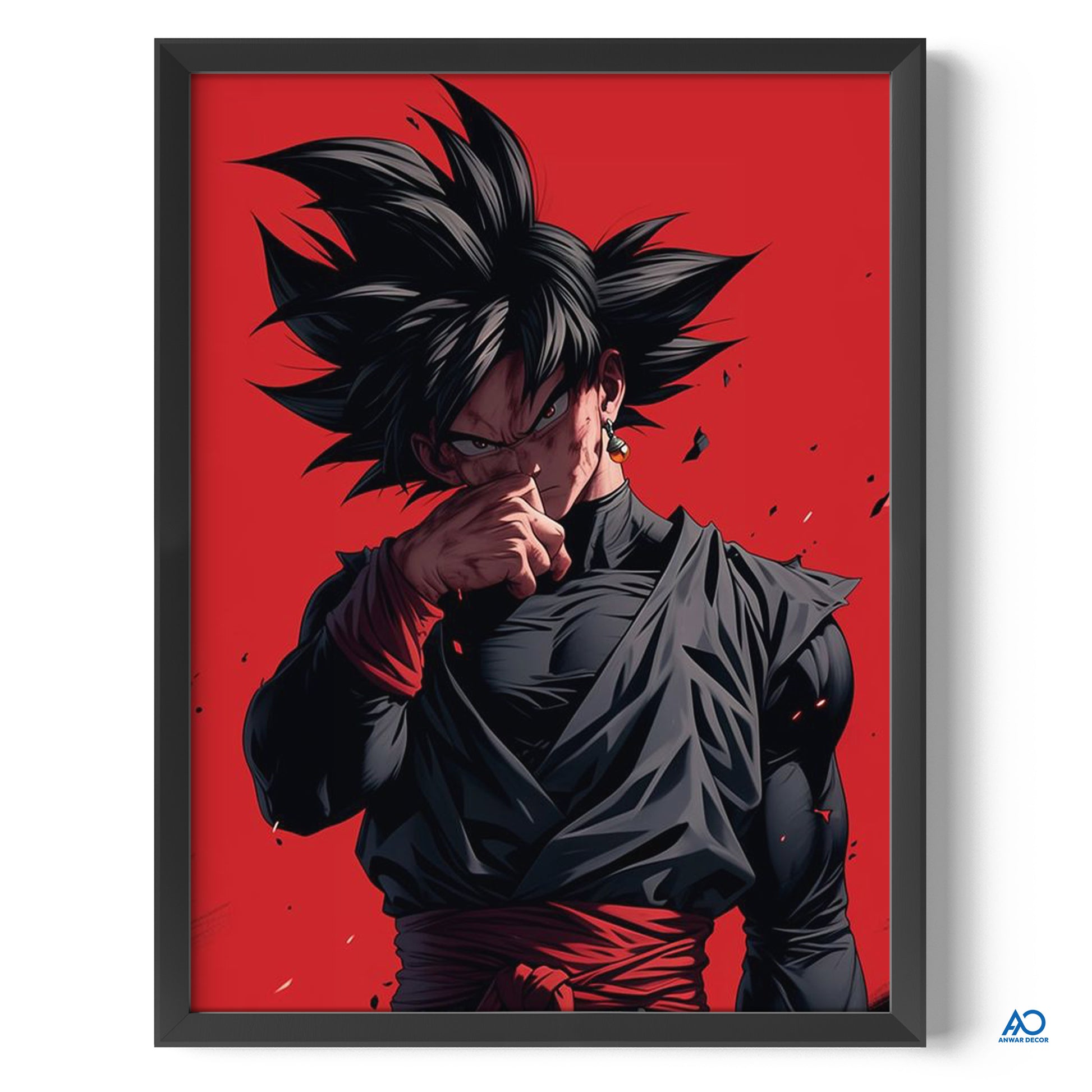 Framed artwork of an anime character with a red background