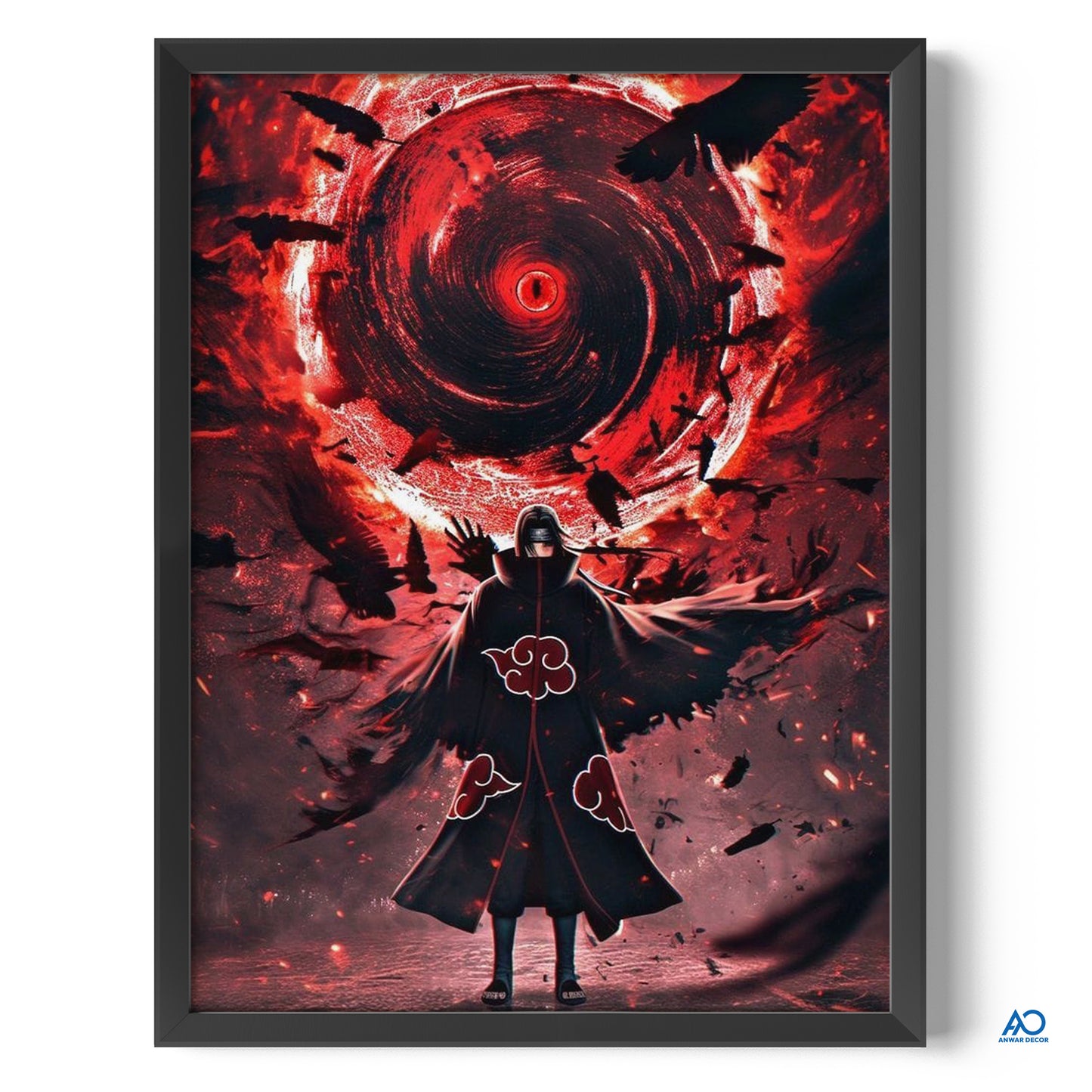 Framed artwork of a character in a dark cloak with a red circular design in the background.
