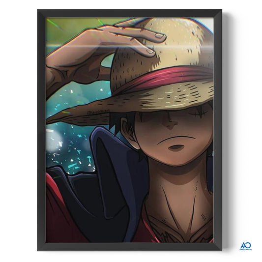 Framed artwork of an anime character with a straw hat against a colorful background