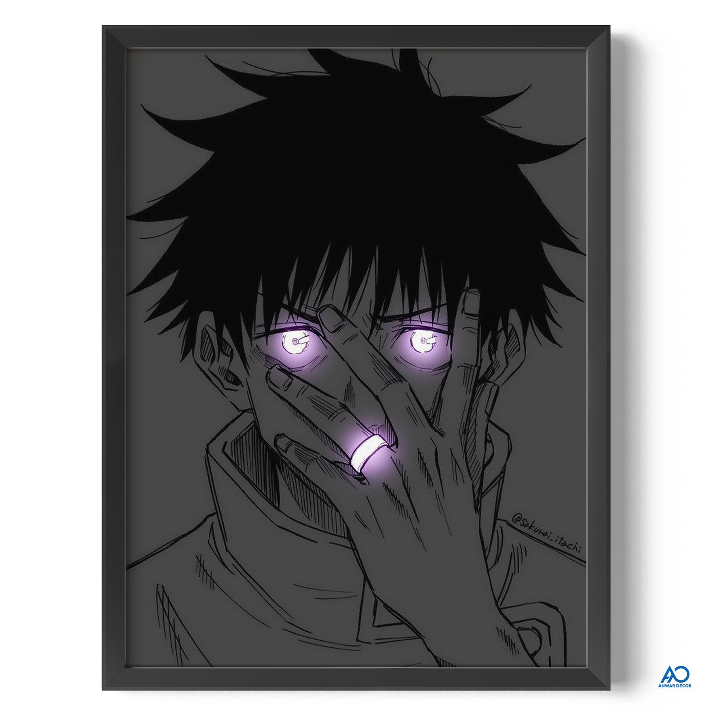 Framed artwork of an anime character with glowing purple eyes and a hand covering their mouth.