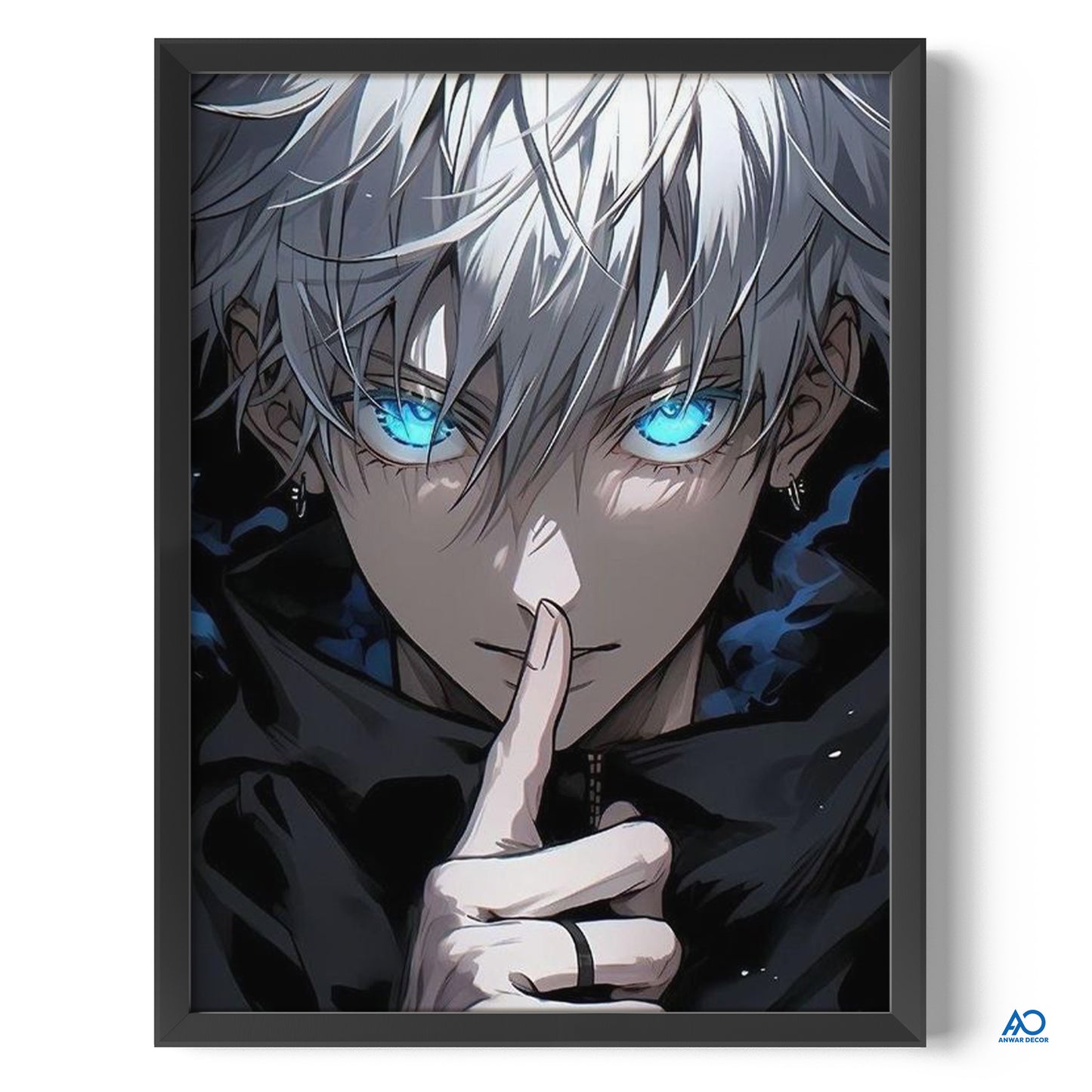 Framed artwork of an anime character with white hair and blue eyes, holding a finger to their lips.