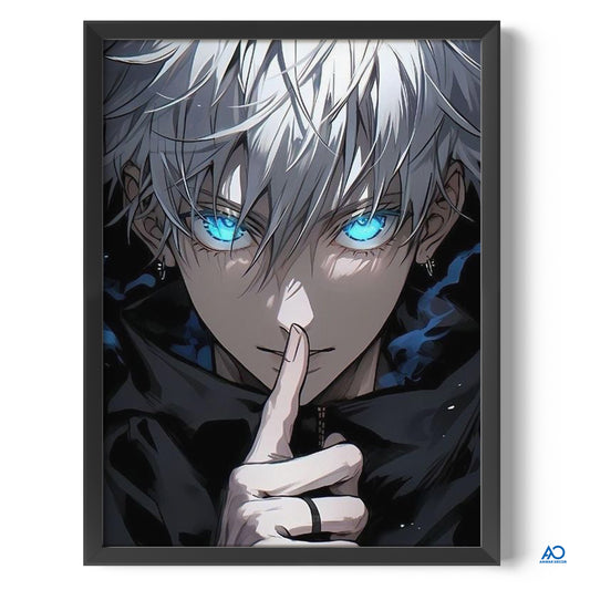 Framed artwork of an anime character with white hair and blue eyes, holding a finger to their lips.