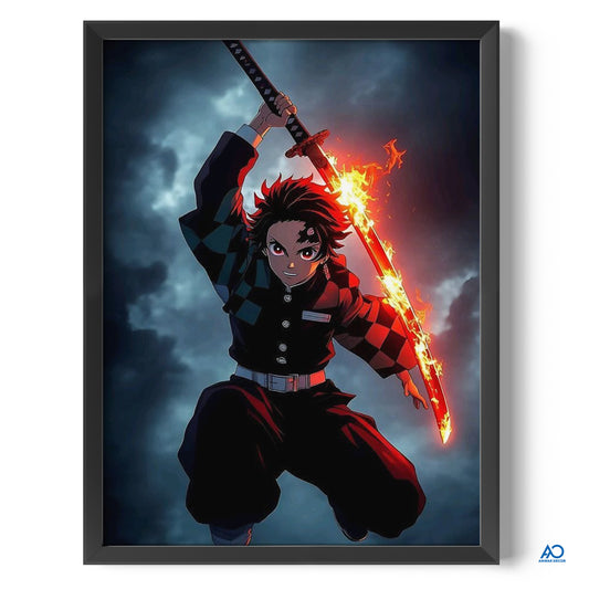 Framed artwork of an animated character with a sword on a dark background
