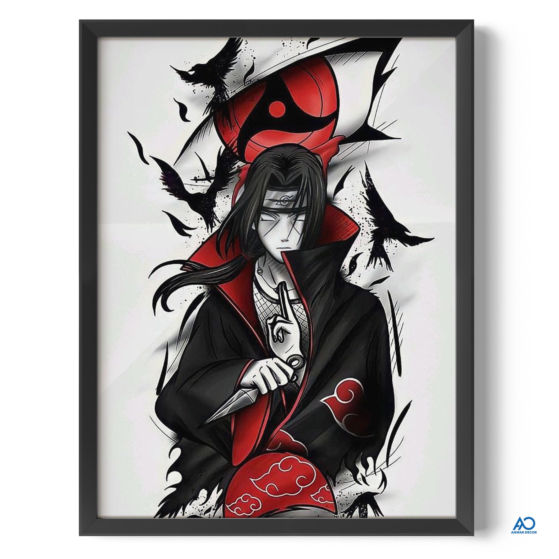 Framed artwork of a character with red and black elements, including a mask and tattoos, on a white background.