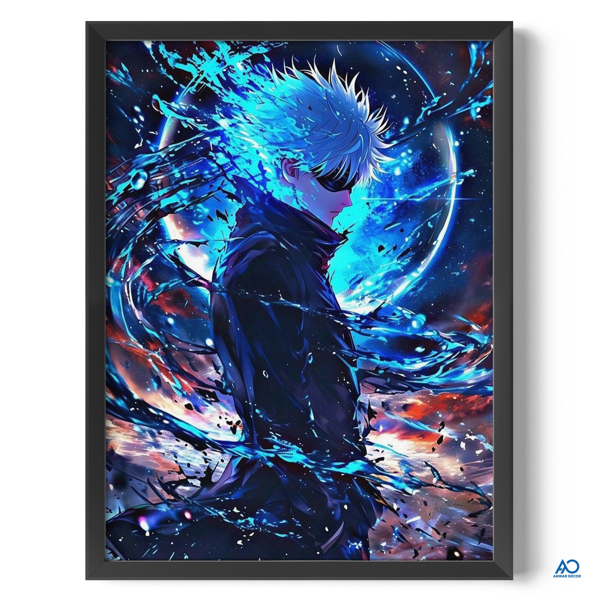 Framed artwork of an anime character with dynamic blue and red energy effects.