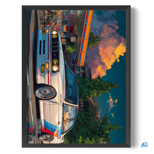 Framed artwork of a bus and trees with a colorful sky.