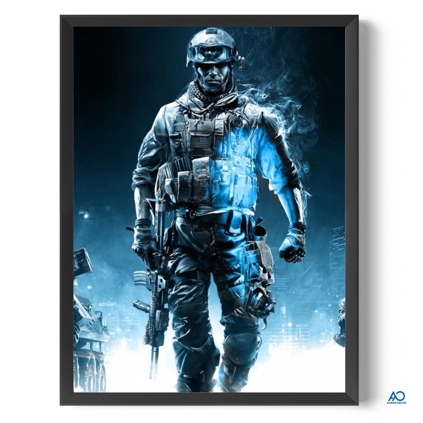 Framed poster of a soldier in tactical gear with a dark blue background