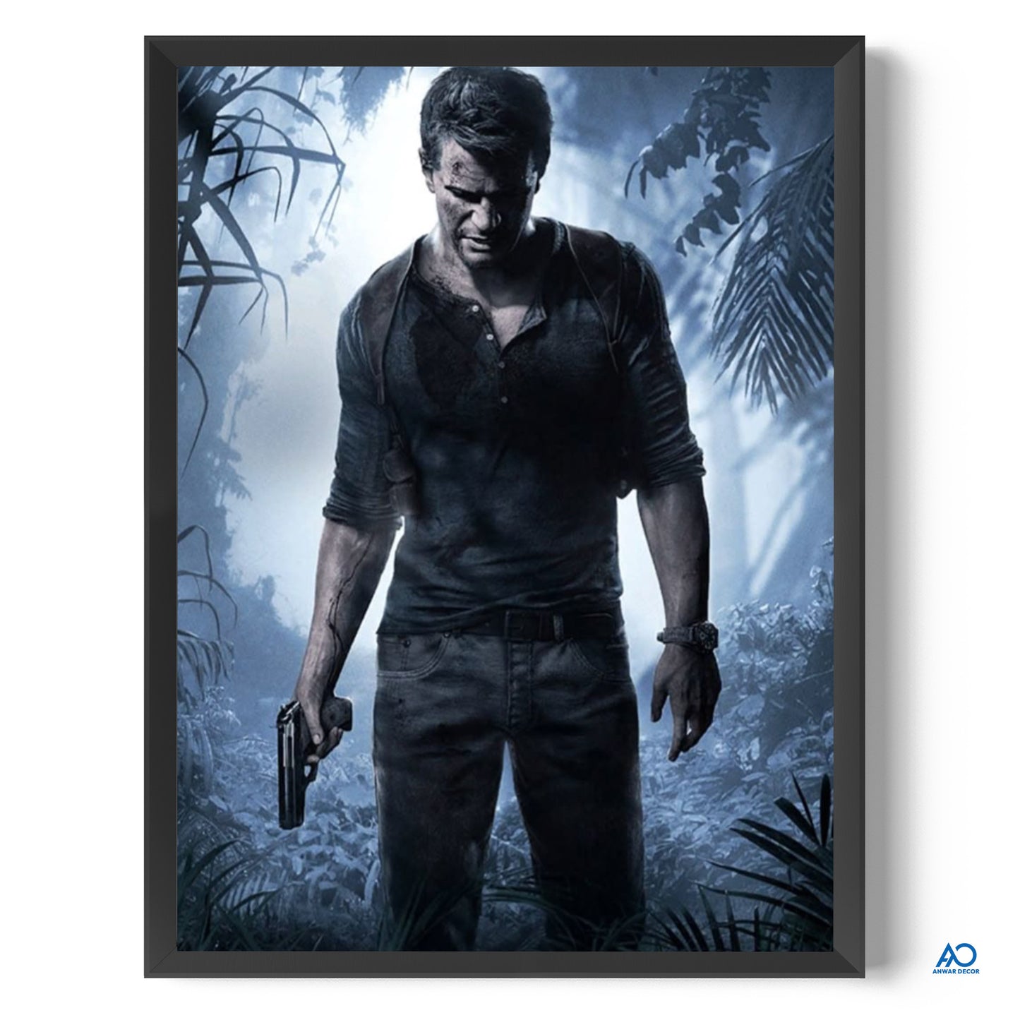 Framed poster of a character in a dark shirt and pants holding a gun, set against a jungle background.