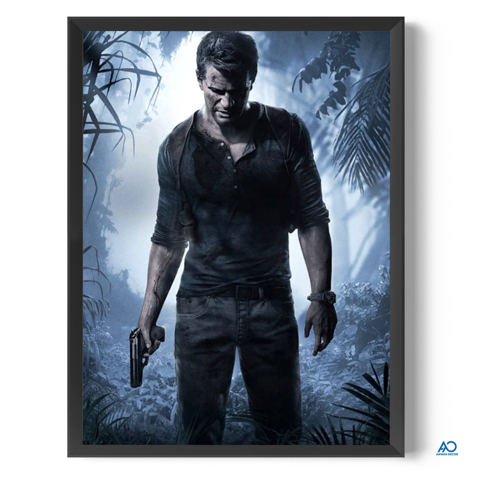 Framed poster of a character in a dark shirt and pants holding a gun, set against a jungle background.